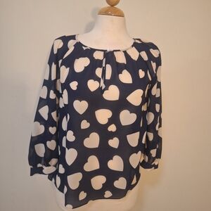 J .Crew Navy Blue/White Heart Print 3/4 sleeve sheer blouse Size XXS